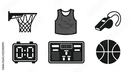 Basketball Equipment Icon Set: Hoop, Ball, Scoreboard, Whistle, Timer, Vest