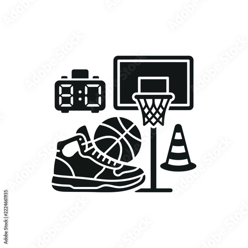 Basketball Equipment Icon Set: Shoe, Ball, Hoop, Timer, Cone