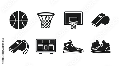 Basketball Equipment Icons: Ball, Hoop, Backboard, Whistle, Scoreboard, Sneakers