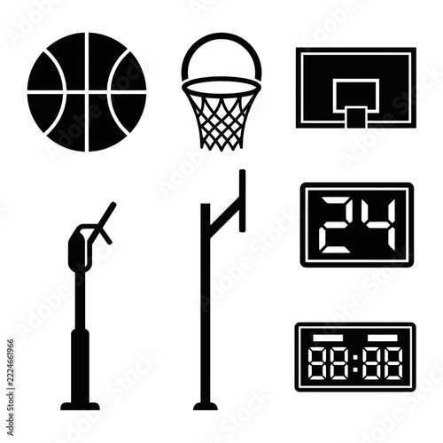 Basketball Equipment Icons: Ball, Hoop, Backboard, Pole, Scoreboard