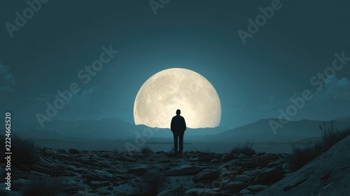 Minimalist Desert Landscape with Lone Silhouette Under Crescent Moon in Peaceful Blue Twilight