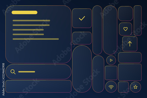 Dark themed user interface elements with golden gradient outlines offer sleek modern design components.