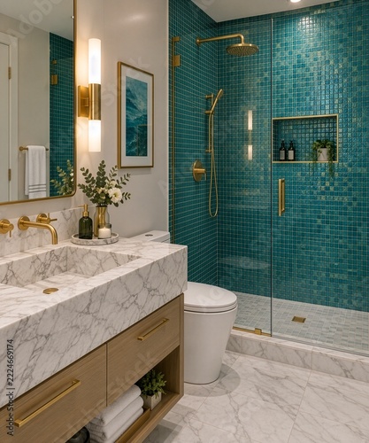modern luxury bathroom featuring vibrant teal mosaic tiles