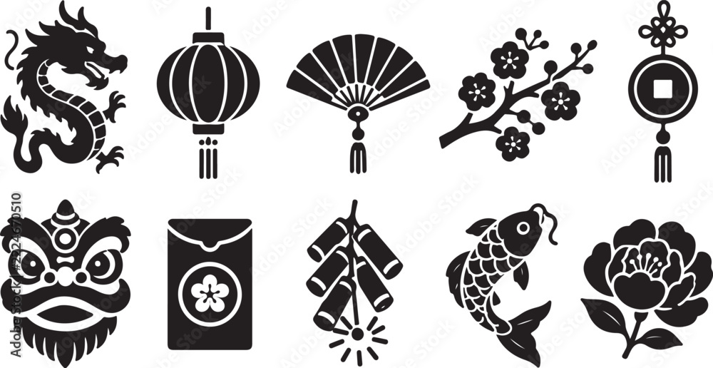 Fototapeta premium Minimalist Chinese New Year Icon Set with Dragon, Lantern, Lion Dance and Festive Symbols