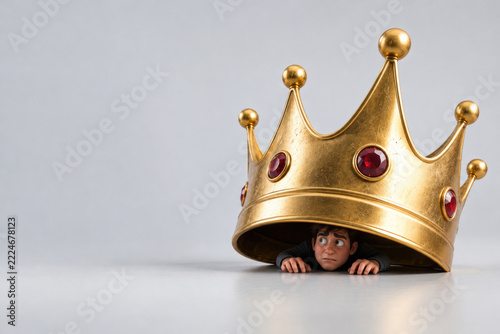 Worried young man crouches under an oversized golden crown. Space for text.