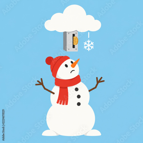 Sad snowman looks up toward a cloud and snowflake control.