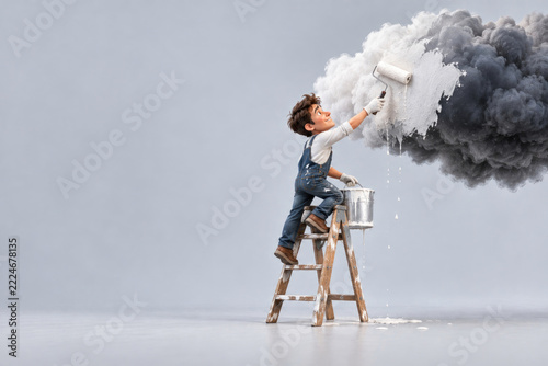 Smiling cartoon worker paints a dark storm cloud white. Space for text.