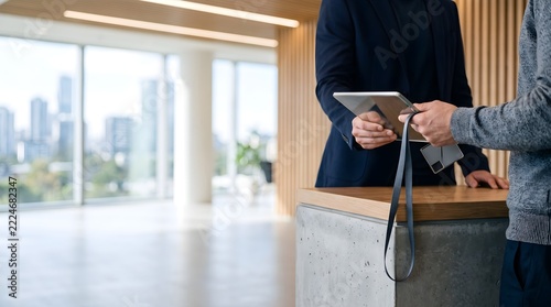 Business Colleagues Exchanging Digital Device in Modern Office Workspace