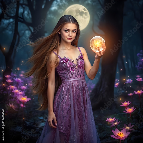 Enchanting Woman in a Purple Glitter Dress in a Magical Forest