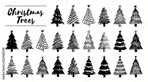 Set of hand drawn sketch christmas trees in black and white styles for holiday design projects and festive greeting cards