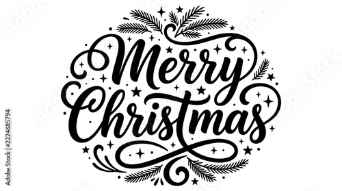 Merry christmas hand lettering calligraphy design with pine branches and stars in a round circular shape for winter holiday cards and festive graphic decorations