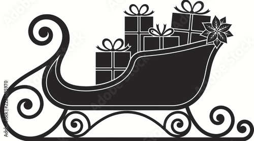 Black silhouette of a christmas sleigh full of gift boxes with ribbons and a poinsettia flower for holiday decoration and winter design