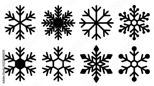 Set of black snowflake icons with different geometric shapes for winter holiday decoration and christmas design elements