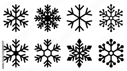 Set of black snowflake icons with various unique geometric patterns and shapes for winter holiday designs and christmas decorations