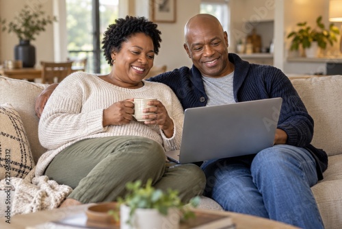 Smiling couple sharing a laptop and a warm mug on a soft beige sofa