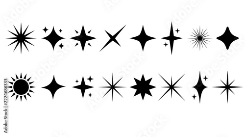 Set of black star shapes and sparkle icons for design projects