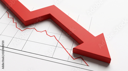 Three-dimensional red arrow plunging diagonally downward across minimalist white financial chart background, corporate business risk visual. Close-up.
