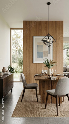 Modern Dining Room with Wooden Paneling Rustic Table and Minimalist Decor Cozy Home Interior