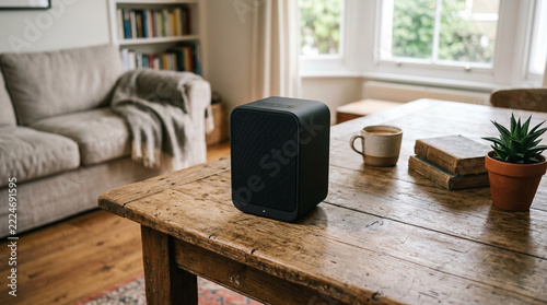 Modern black smart speaker on rustic wooden table with coffee and books living room interior