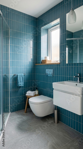 Modern Blue Tiled Bathroom with Floating Vanity and Glass Shower Enclosure