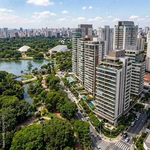 Modern Cityscape with Lush Green Park and Lake Aerial View of High Rise Apartments and Urban Skyline