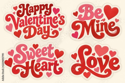 Retro Valentine lettering sticker collection with pink and red heart accents