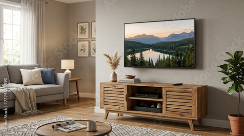 Modern living room interior with flat screen tv sofa coffee table and wooden media console