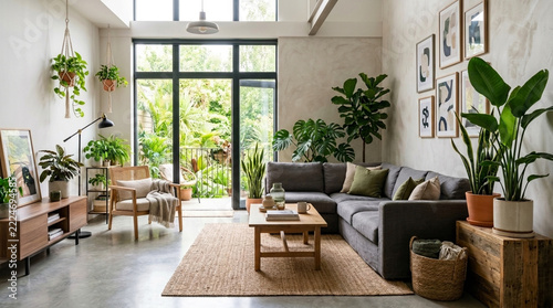 Modern living room interior with large windows lush plants and comfortable sectional sofa natural light cozy home decor