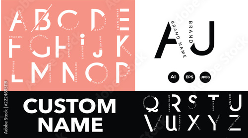 Alphabet typography set with modern minimalist letters featuring creative geometric cutouts for branding and logo projects