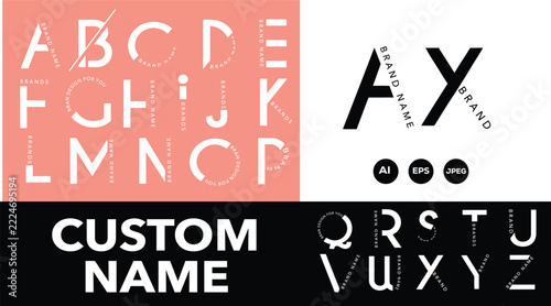 Alphabet typography logo set featuring modern minimalist letterforms with creative geometric cuts and branding text
