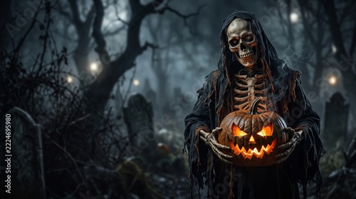 Hooded skeleton holding a glowing carved pumpkin in a foggy graveyard with twisted trees on Halloween night
