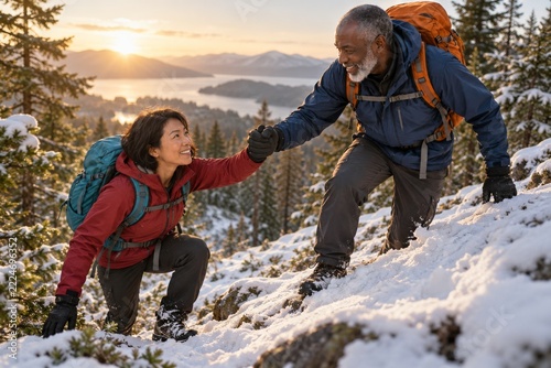 Two Hikers Clasping Hands on a Snowy Forest Slope in Warm Sunlight
