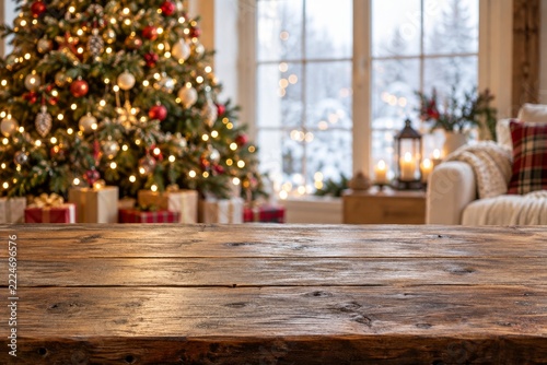Empty Rustic Wooden Table before a Bright Christmas Living Room