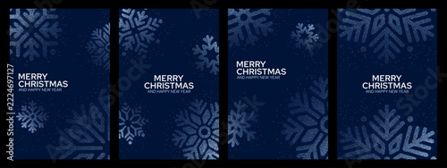 Four Christmas greeting card designs with snowflakes and New Year wishes. Seasonal holiday stationery. Winter celebration and festive greeting template. Blue decorative vector backgrounds