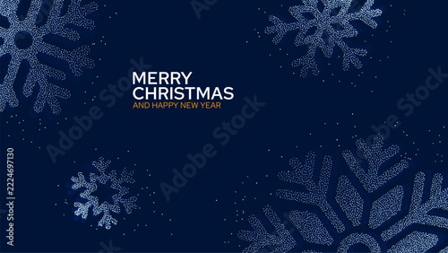 Christmas and New Year greeting with dotted snowflakes on navy background. Holiday greeting card design. Seasonal celebration and winter festivity. Blue festive banner with copy space.