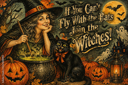 Halloween night with a witch, black cat, pumpkin, in ancient, vintage style