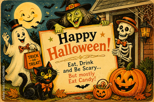 Happy Halloween scene with a witch holding a poster, cat, skeleton, pumpkin, ghost
