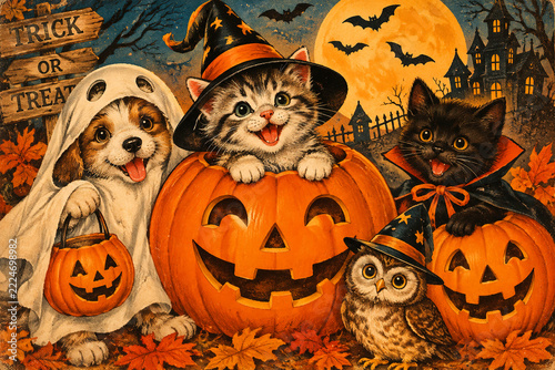 Happy Halloween celebration in vintage style