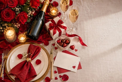 Romantic dinner table with roses sparkling wine chocolates and a wrapped gift