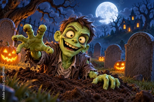 Playful Halloween zombie emerging from a moonlit grave with glowing pumpkins