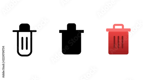 Trash can set featuring outline, solid black, and red gradient variations for file deletion and waste management user interface systems