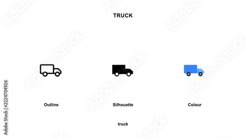 Set of truck labeled as outline, silhouette, and colour with the word truck at the and bottom on a plain white background