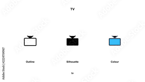 Set of tv labeled as outline, silhouette, and colour with the word tv at the and bottom on a plain white background