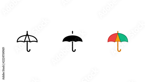 Three variations of an umbrella including a black outline, a solid black silhouette, and a multi-colored version on white background