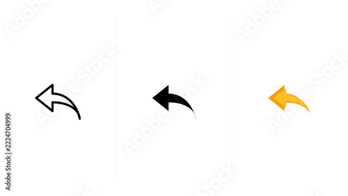 Three variations of a curved back arrow including a black outline, a solid black silhouette, and a yellow colored version on white