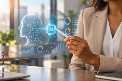 Businesswoman Holding a Stylus before an AI Profile and Analytics Dashboard