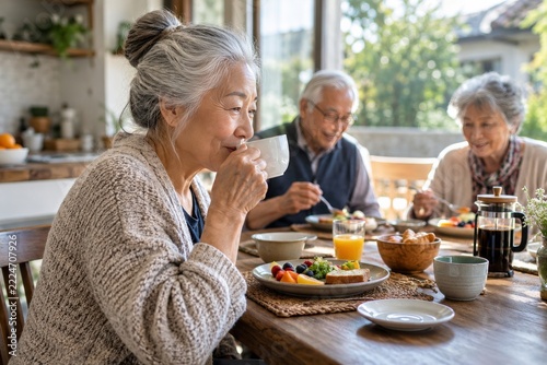 Older woman drinks from a white cup at a breakfast table while two other seni...