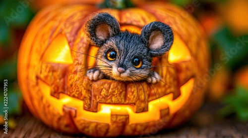 Gray mouse with soft fur and long whiskers peeks out of glowing carved pumpkin showing bright orange Halloween face. Warm lantern light creates festive spooky autumn mood.