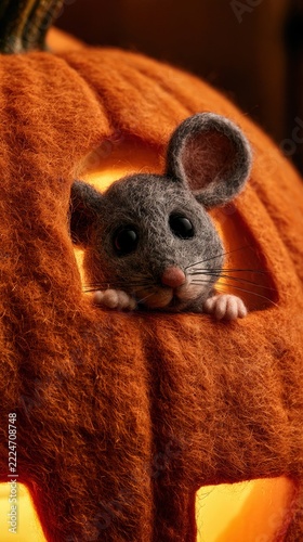 Gray mouse peeks out from carved orange pumpkin glowing from inside, showing whiskers, ears, and soft fur in cozy Halloween autumn lighting close-up portrait feel with warm festive glow.