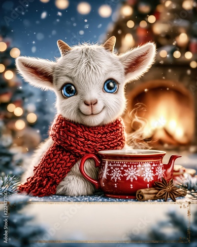 Close-up portrait of fluffy white goat in red scarf with big blue eyes, beside patterned red ceramic teapot, with winter, snow, snowfall, snowflake detail